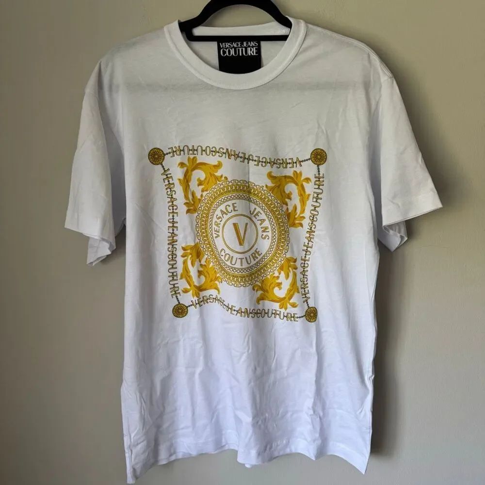 Versace Jeans Couture Baroque Gold Border White T-Shirt 100% Cotton Size S NWT